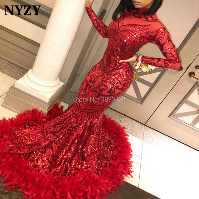 

NYZY E102 Saudi Arabic Africa Elegant Engagement Dress Long Sleeve Sequin Feather Mermaid Red Evening Gown 2019 robe soiree