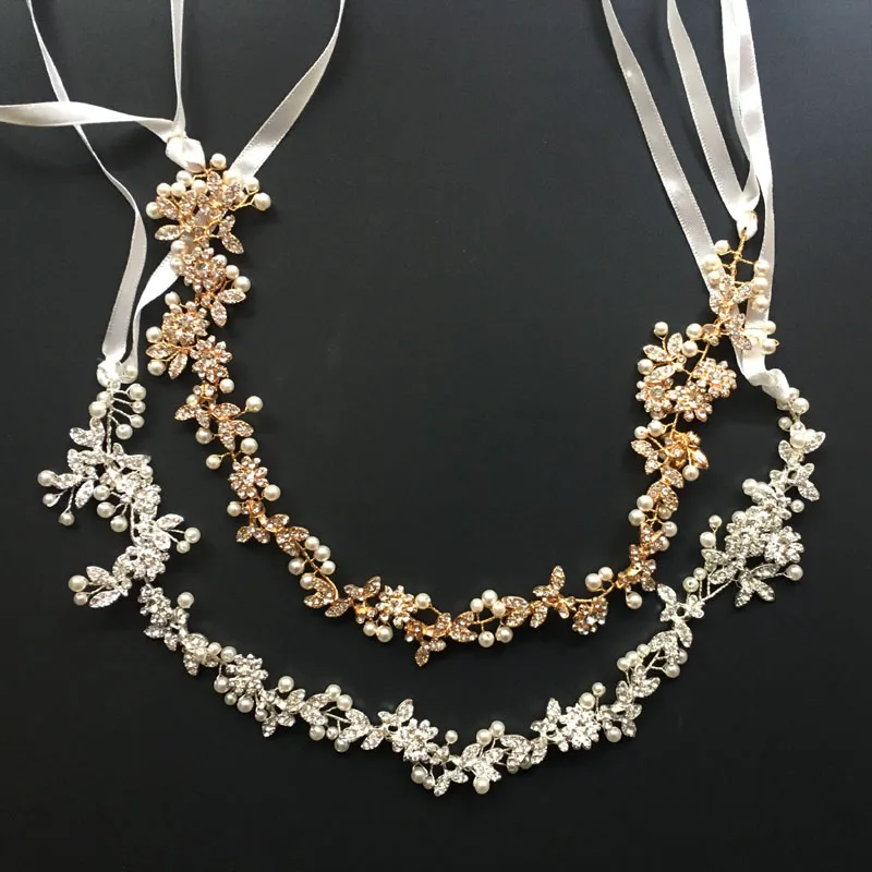 

SLBRIDAL Handmade Rhintstones Crystals Pearls Flower Leaf Wedding Tiara Hair Vine Bridal Headband Hair accessories Bridesmaids