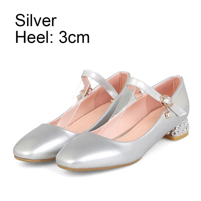 Silver 3cm Heel Серебряный Мэри Джейн низкий квадратный каблук женские туфли-лодочки с квадратным носком золотого цвета Лакированная кожа Свадебные вечерние офисные ремешок на лодыжку с кристаллами; туфли в стиле Лолиты - Цвет: Silver 3cm Heel