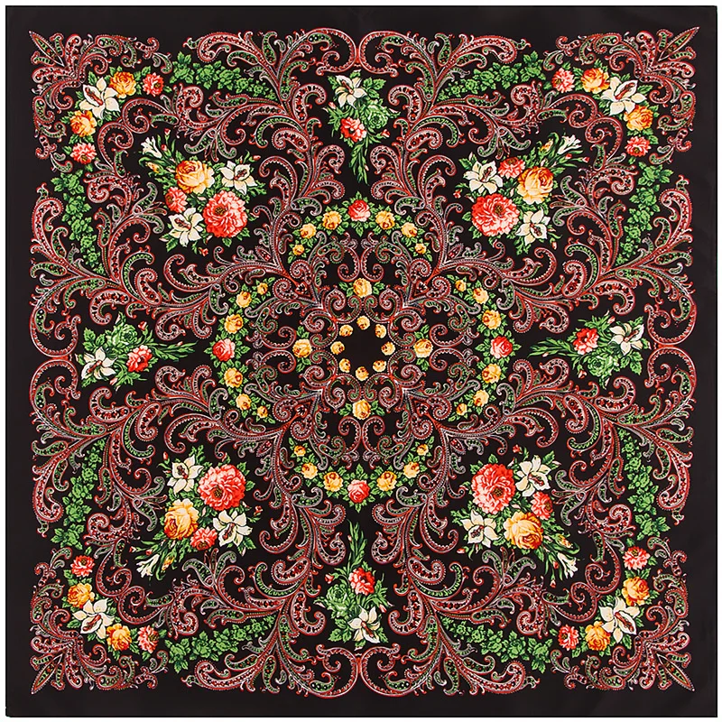 100% Silk Scarf Women Spain Retro Floral Print Square Scarves Muslim Wrap Neckerchief Female Foulard Hijab Lady Bufandas |