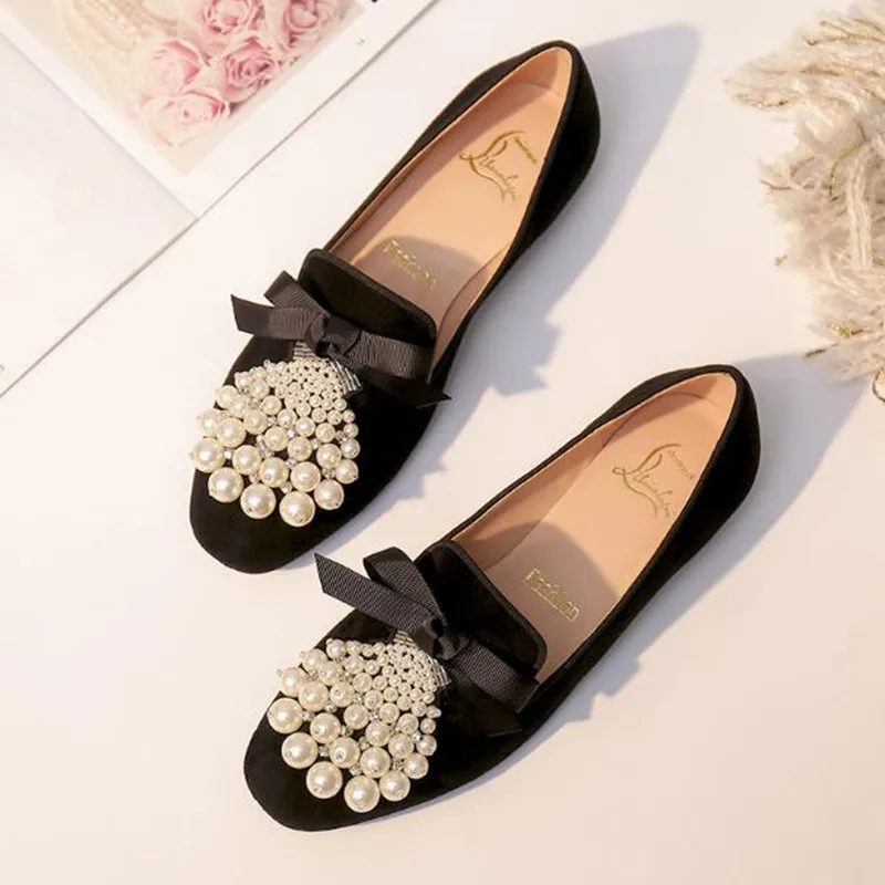 

2019 spring new black bow pearl rhinestone flat bottom women's shoes suede Loafers Casual flats female