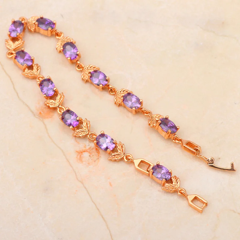ROLILASON romantic rose pattern design violet purple crystal Zircon golden chain Bracelet wedding item Fashion jewelry TB666 | Украшения и