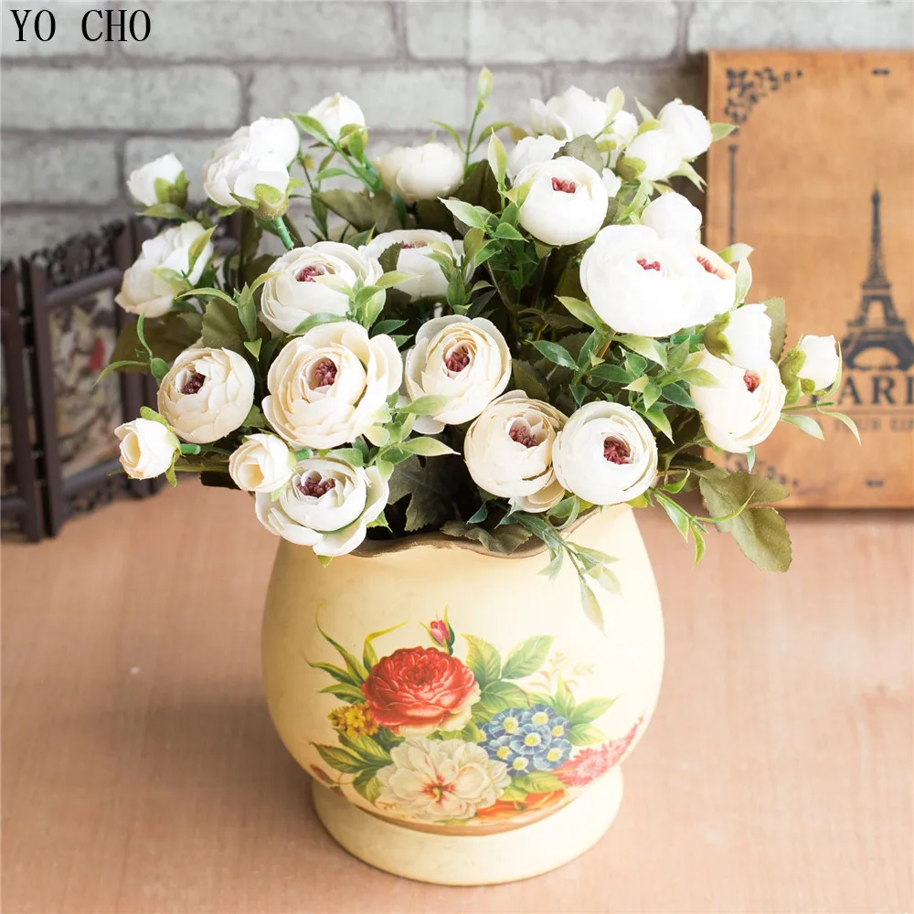 

YO CHO artificial flowers silk flowers 2 branches roses bouquet penoies high quality fake flowers rose artificielle DIY Wedding