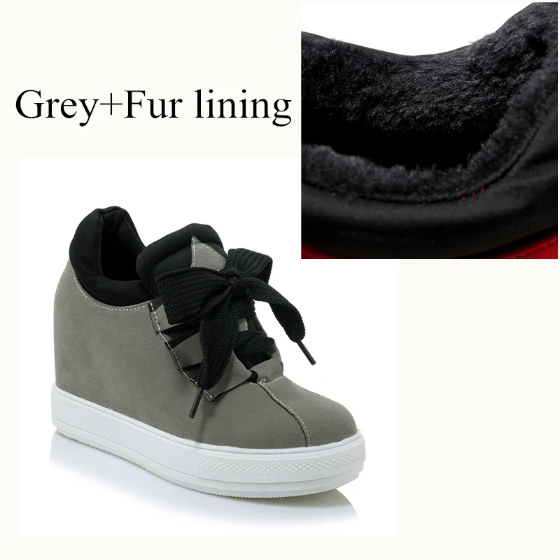 grey with fur Новинка года; сезон осень-зима; теплые кроссовки для женщин; теплые зимние ботинки на меху со скрытым каблуком; женская модная повседневная обувь на танкетке; цвет красный, черный - Цвет: grey with fur