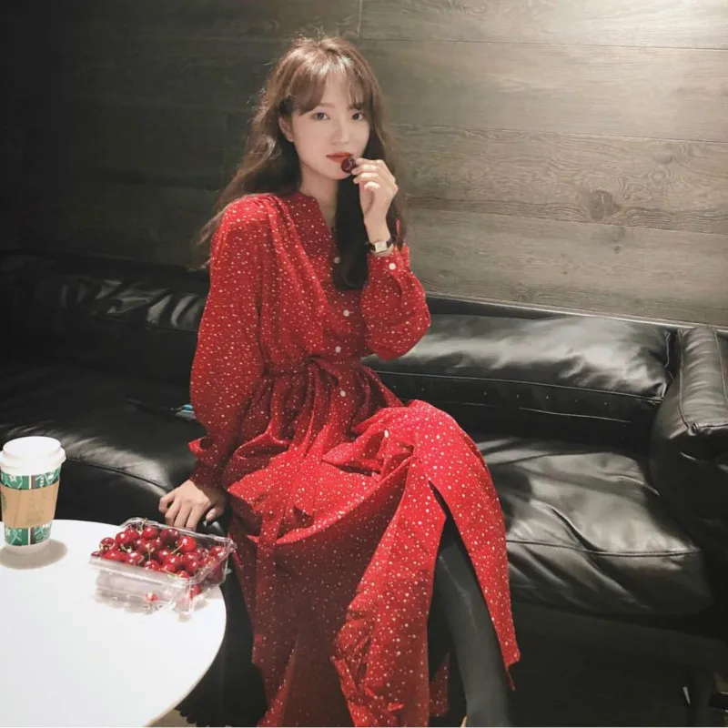 

Women Spring Long Red Shirt Dress V-neck Dot A-line Maxi Vestido Casual Red with Belt Slim Waist Plus Size Robe Femme