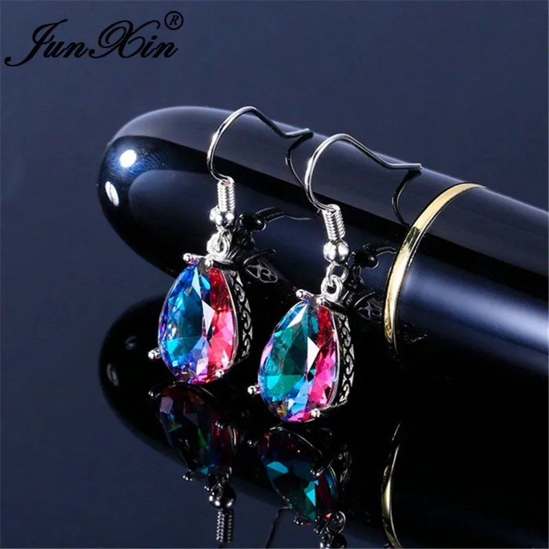 Женские серьги подвески JUNXIN Mystic Fire Stone Серьги серебряного цвета с австрийским