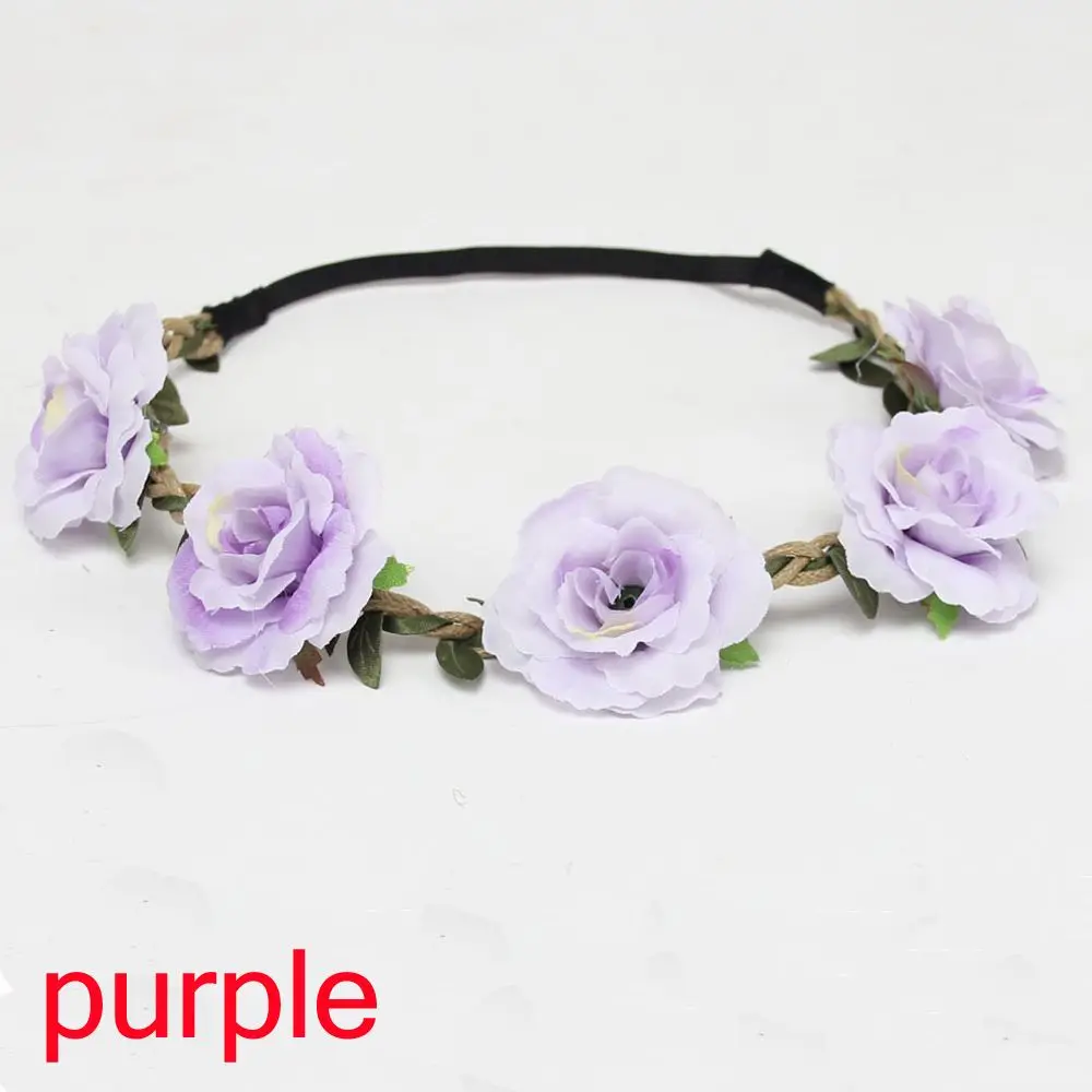 purple Модная женская повязка на голову с цветами для невесты, мексиканский стиль, розовая Корона, повязка на голову, женские эластичные пляжные аксессуары для волос - Цвет: purple