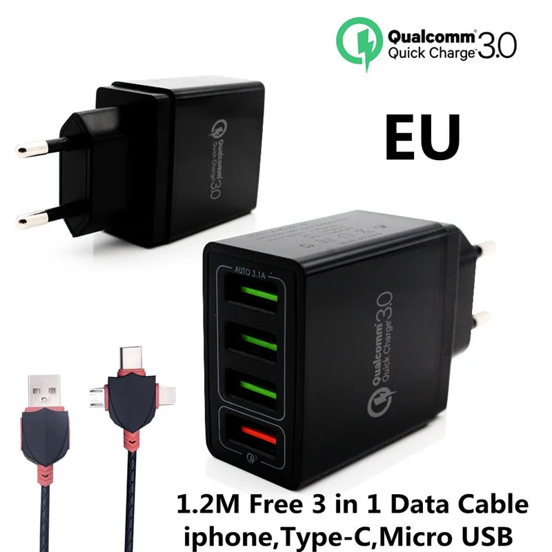 QC 3,0 6.2A высококачественное зарядное устройство для телефона с разъемом EU/USA быстрое настенное зарядное устройство s Кабели 4 порта USB для iphone X samsung huawei Xiaomi