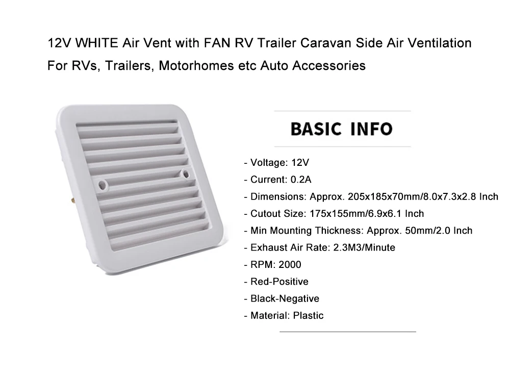 12V WHITE Air Vent with FAN RV Trailer Caravan Side Air Ventilation For RVs, Trailers, Motorhomes etc Auto Accessories