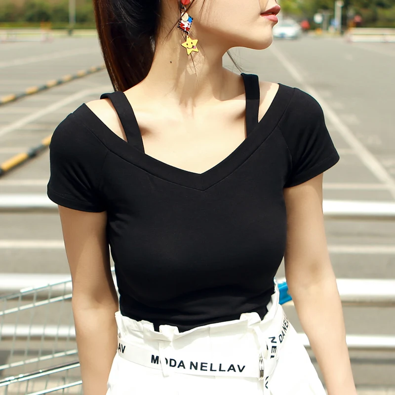 Женская футболка с открытыми плечами Летний Топ для женщин Однотонная коротким