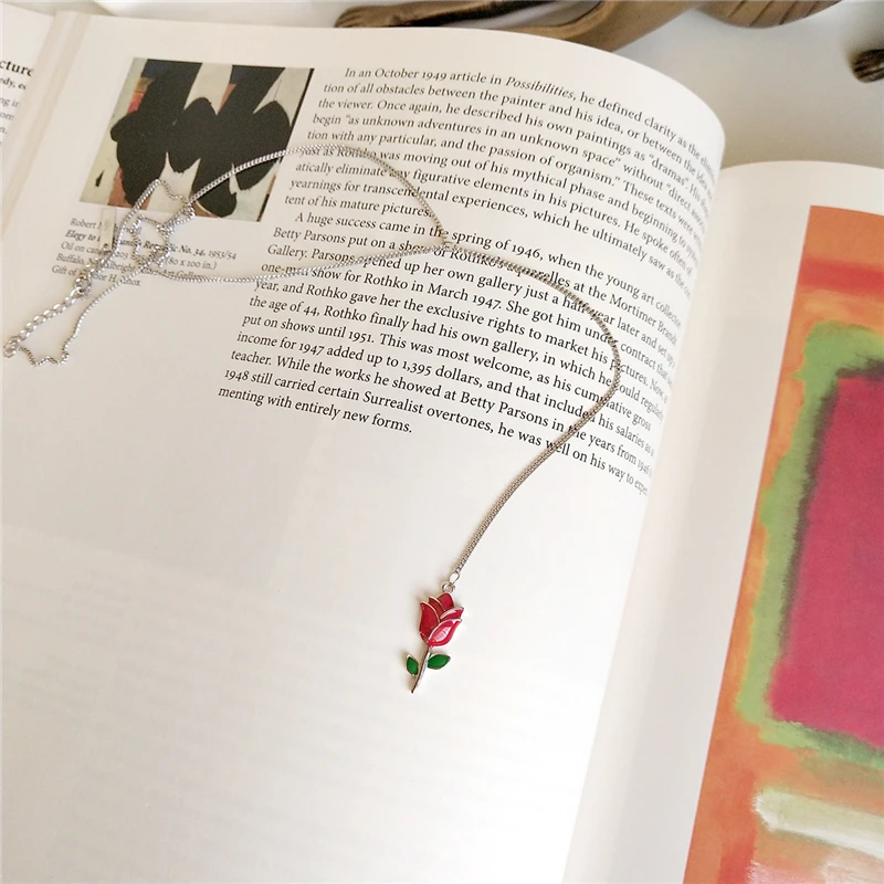 

Exquisite 925 Sterling Silver Rose Flower Necklace Women Red Green Enamel Pendant Y Chain Silver Necklace Choker Fine Jewelry