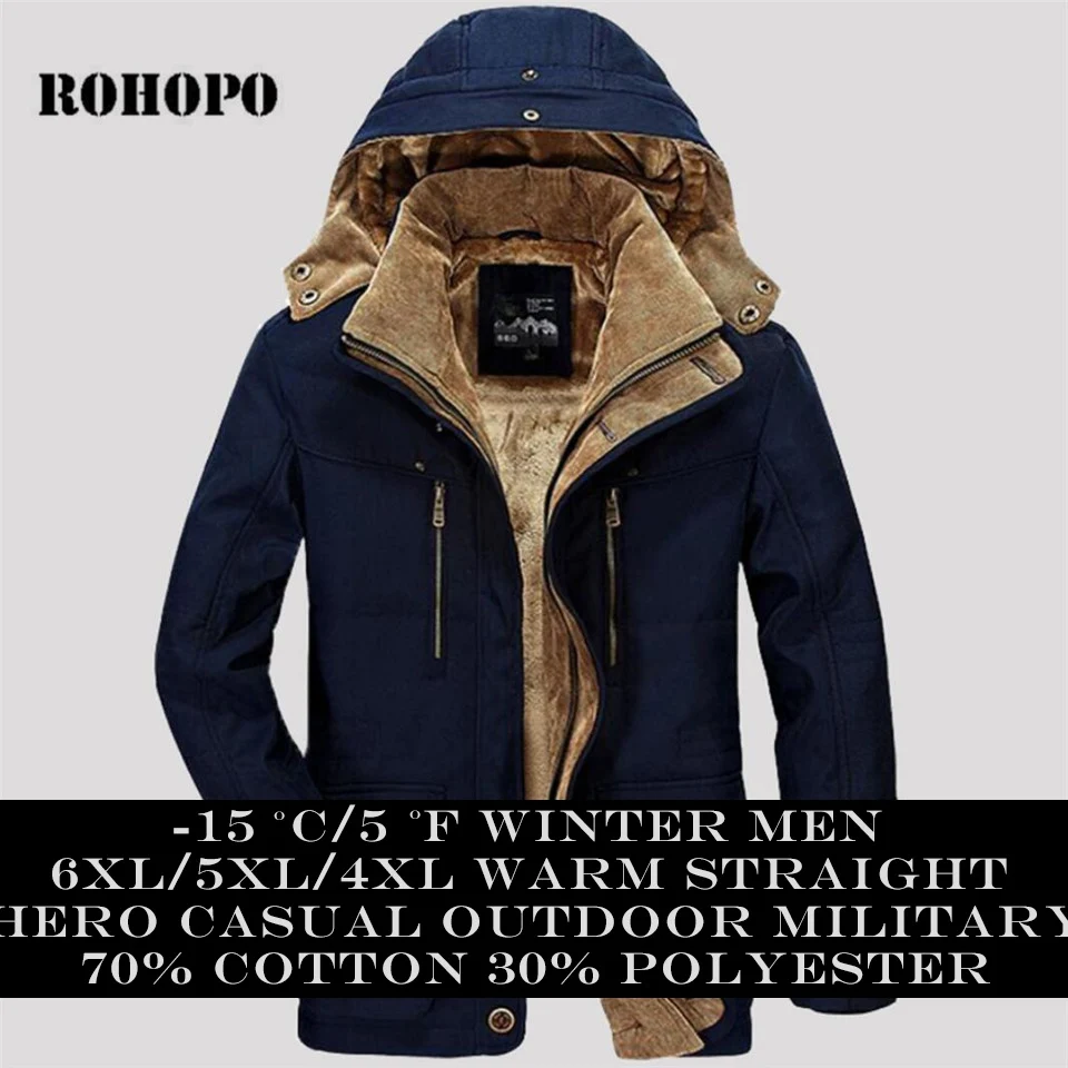 ROHOPO Men Parkas Fill Cotton Fleece Liner Warmly Straight Coat Man Casual Hooded Hat Padded Jacket Male Big Size Military | Мужская