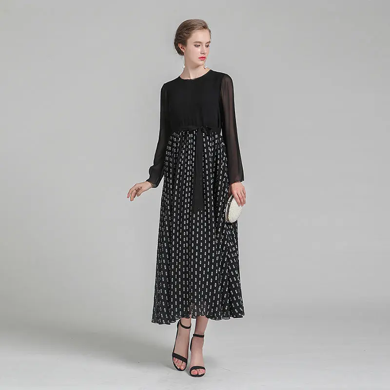 VOA черное шелковое платье в горошек с сеткой женское длинным рукавом высокая