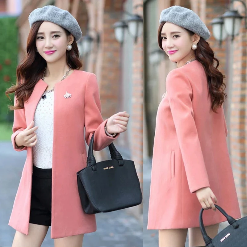 Женское тонкое шерстяное пальто с круглым вырезом однотонная ветровка длинным