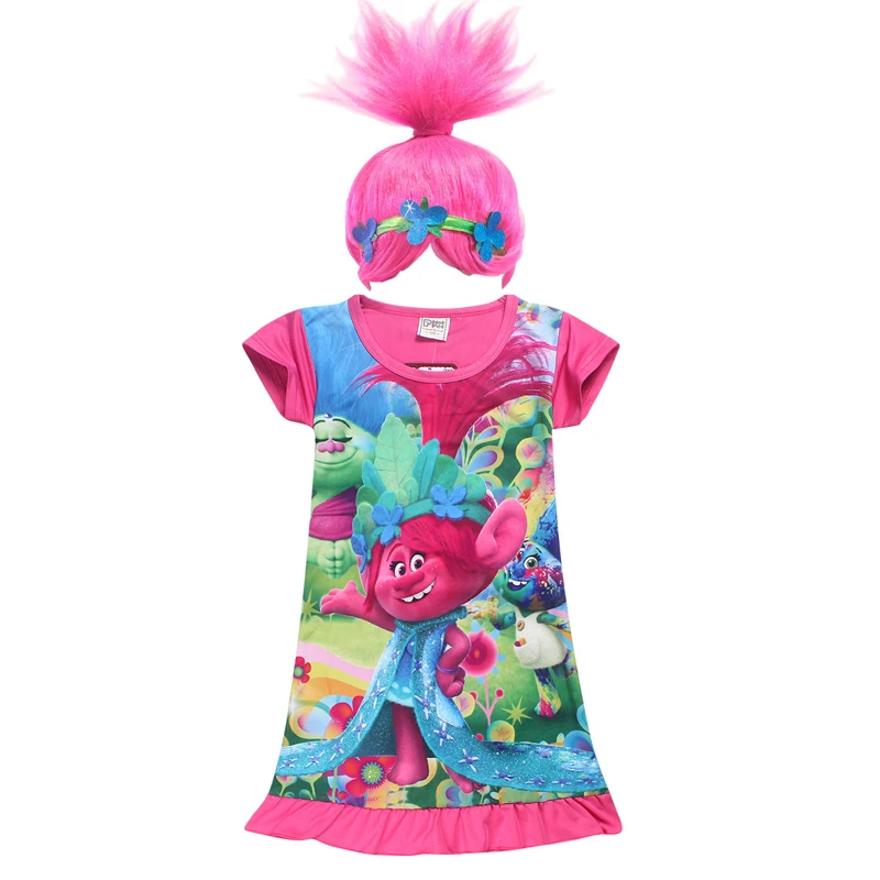 2019 Summer Girl Dress Trolls Clothes Poppy Party new trolls Wig +dresses set Children Costumes For Girls Carnival Kids | Детская одежда
