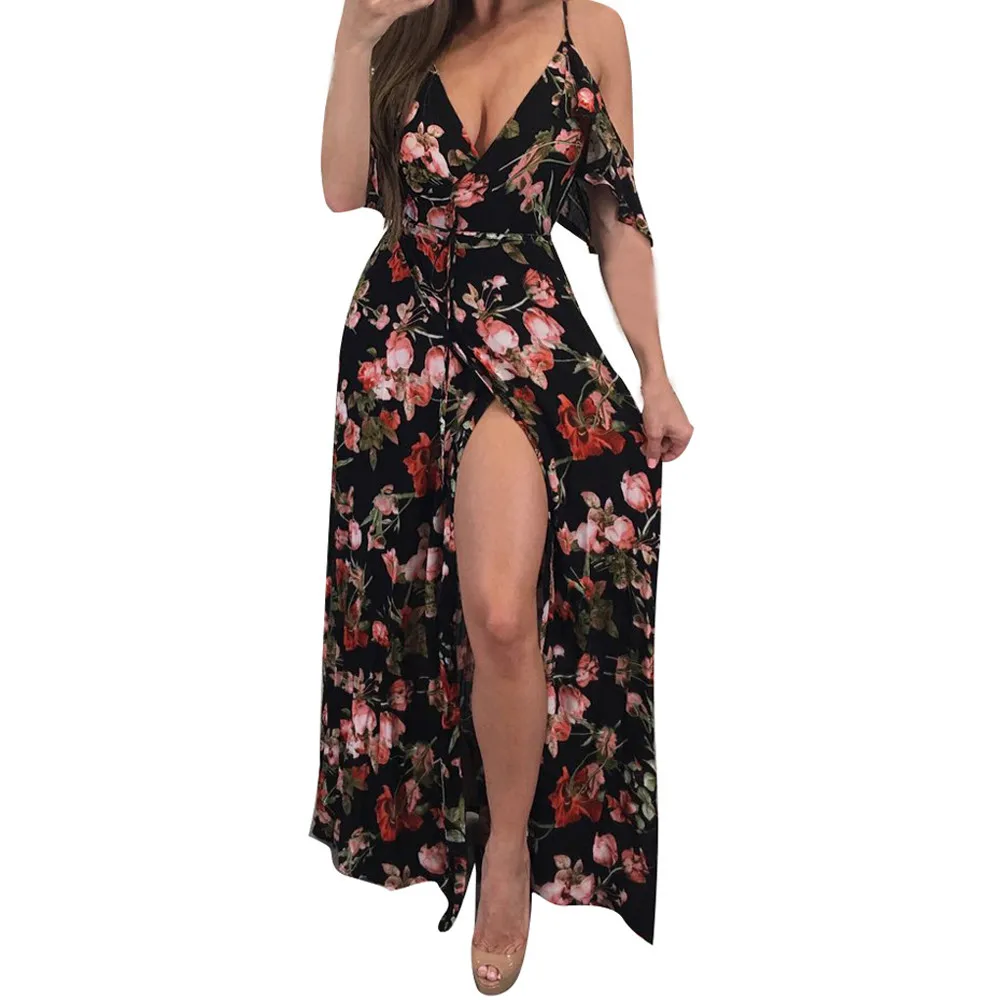 Платье Для женщин с цветочным принтом Глубокий V образным вырезом Высокий разрез