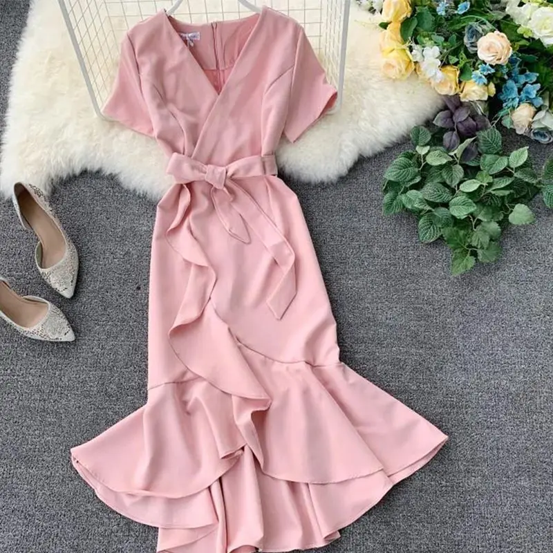 pink Розовое платье русалки с оборками, женское платье, короткий рукав, высокая талия, вечерние, элегантные женские платья, весна-лето, женские платья - Цвет: pink