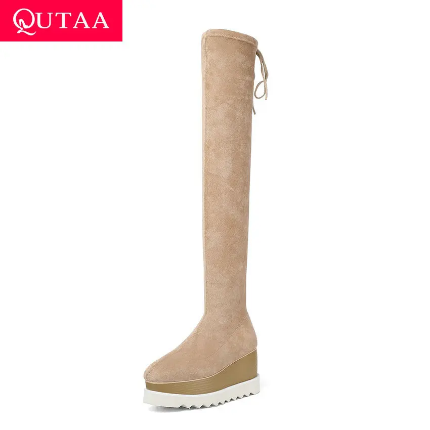 QUTAA/женские высокие сапоги на молнии со шнуровкой из коровьей кожи и флока