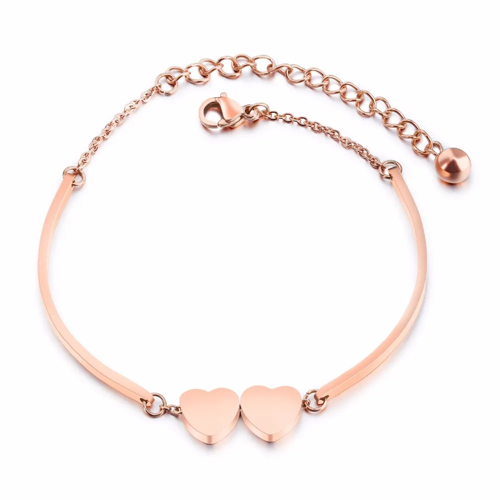 

Fashion Two Hearts Women 's Bracelets Bangles Rose Gold Color Stainless Steel Link Chain Female Ladies OL style Jewelery Gift