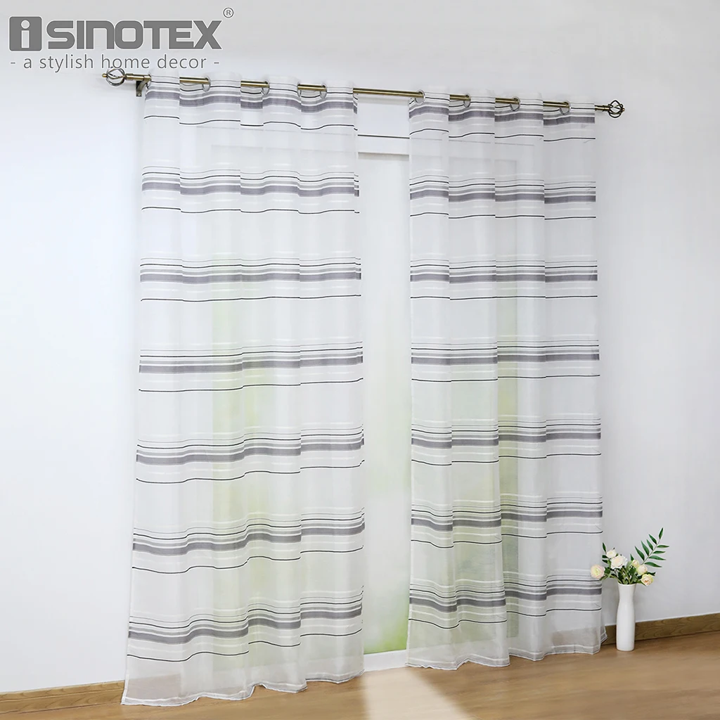 

1 Pair Voile Yarn Dyed Curtain Tull Sheers Simple Stripe Decorative Grommet Window Treatment For Living Room Curtain Finished