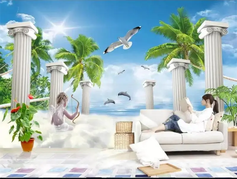 3d обои фотообои на заказ роспись гостиной Эгейский море римская колонна картина