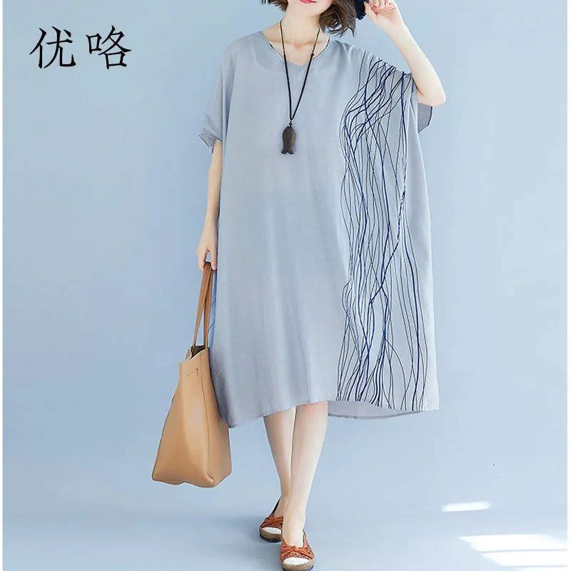 Gray 4XL 5XL 6XL 7XL размера плюс художественное льняное платье в полоску женское повседневное свободное платье миди с рукавом летучая мышь летние платья - Color: Gray