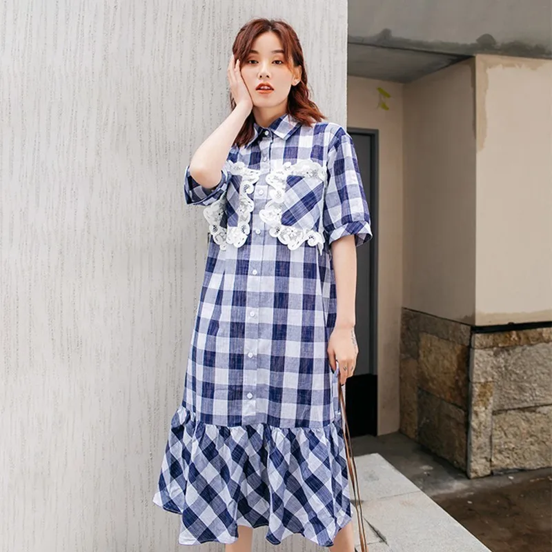 Женское платье миди в клетку GALCAUR повседневное свободное кружевное с коротким