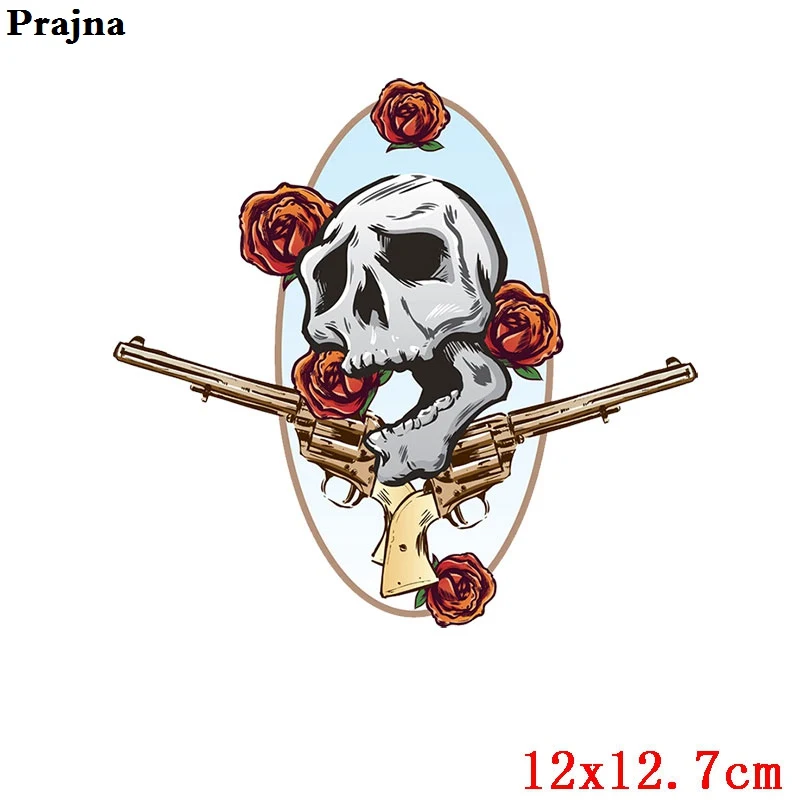 Prajna панк череп нашивки Роза вулканическая теплопередача железа на передачи в полоску на одежду пальто джинсы DIY Аппликация для одежды - Цвет: Антикварное серебро