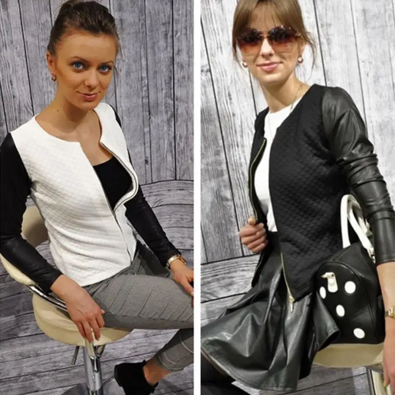 Новая женская верхняя одежда из искусственной кожи лоскутные куртки с круглым