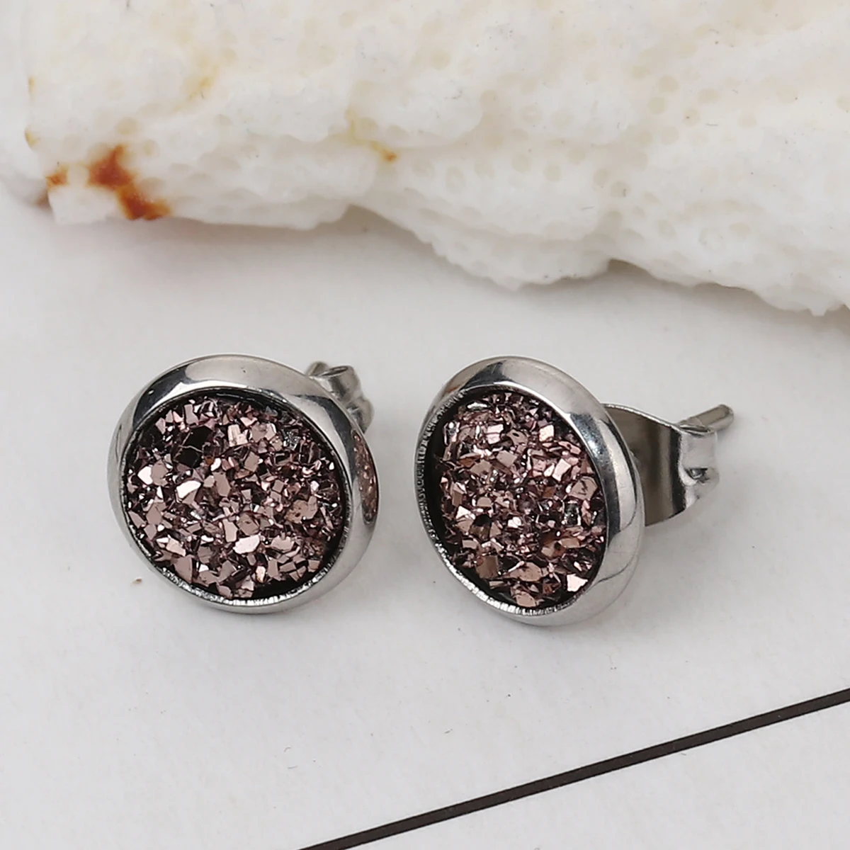 Нержавеющая сталь Druzy/Drusy серьги гвоздики серебряный цвет фуксия круглый AB Цвет 10