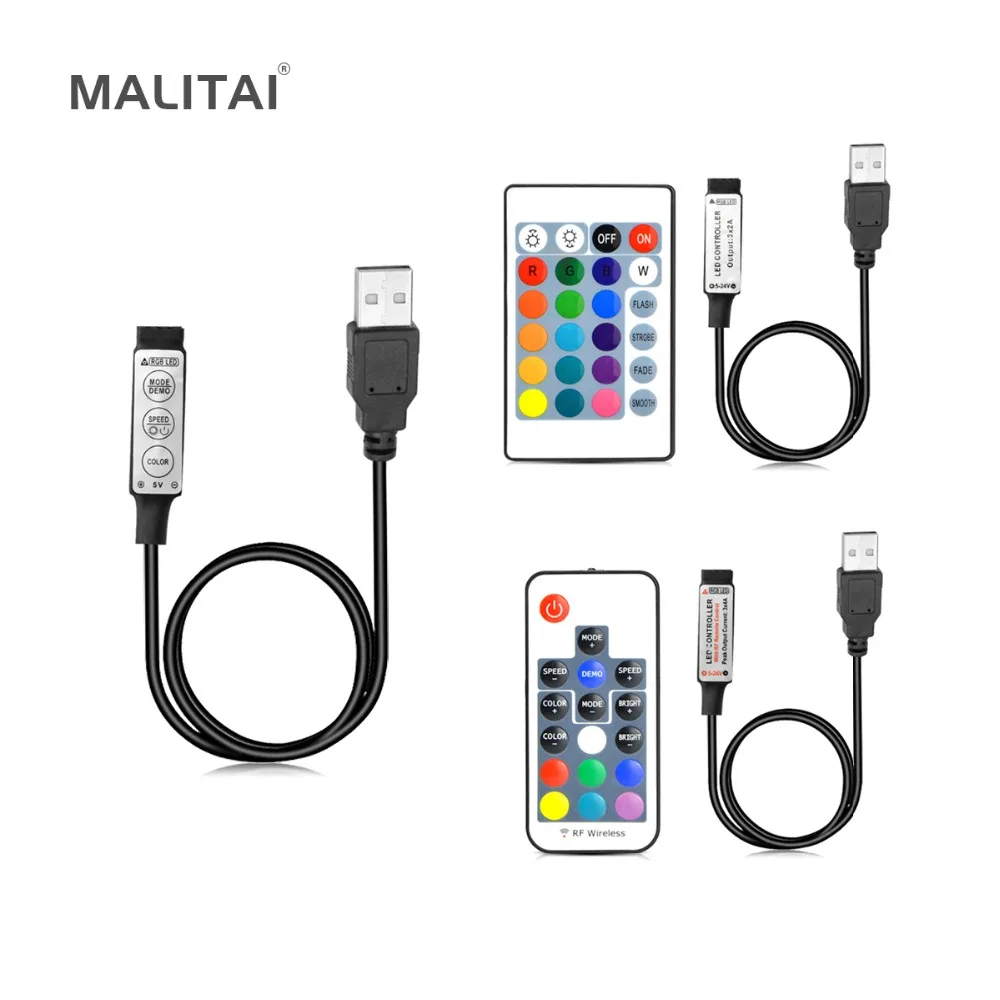 DC 5 в USB светодиодный RGB контроллер мини 3 клавиши Диммер/24 кнопки ИК-пульт/17 ключей RF беспроводной пульт дистанционного управления USB RGB светодиодный светильник