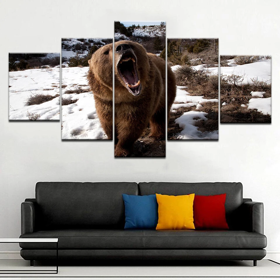 Бурый медведь живые обои 5 Панель HD Принт животного современный настенный постер