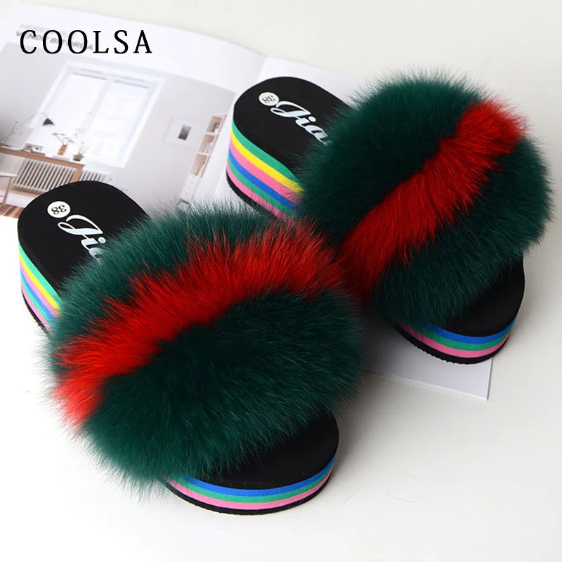 Женские меховые шлепанцы Coolsa на платформе с натуральным мехом лисы мягкие
