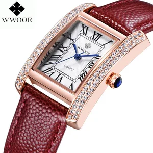 WWOOR 2016 новые брендовые модные женские часы, кварцевые часы со стразами, женское платье, повседневные спортивные наручные часы с кристаллами, кожаный ремешок, красный