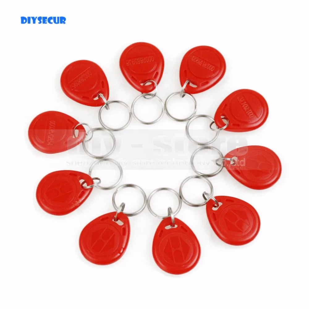 

DIYSECUR 10pcs 125Khz RFID Card Key fobs Key Chian for Access Control System 125KHz RFID Reader Use Red
