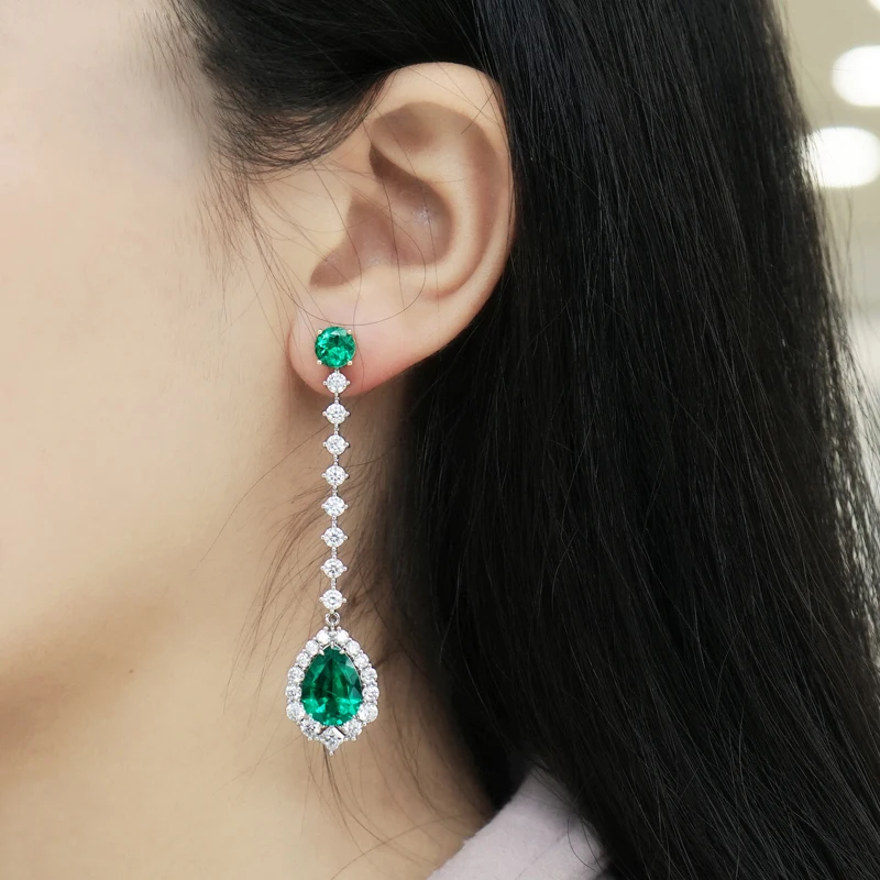 

AAA 4ctw 7X10mm Solid 14K White Gold Green Pear Cut Emerald Earrings Halo Moissanite Engagement Earrings Jewelry For Women
