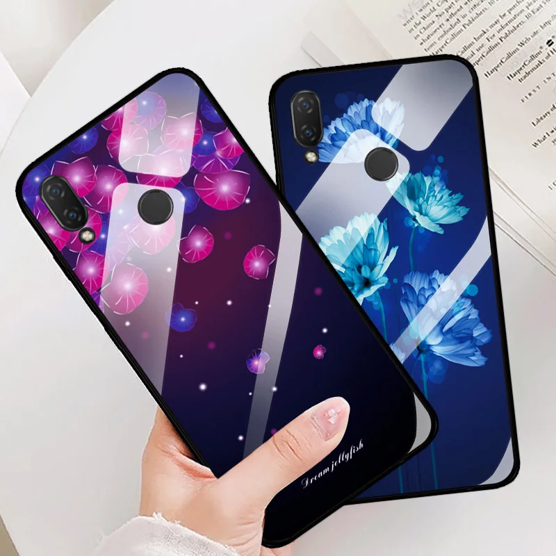 Чехол из закаленного стекла для huawei Nova 3e Flowers чехол 4e мягкая задняя крышка чехлы