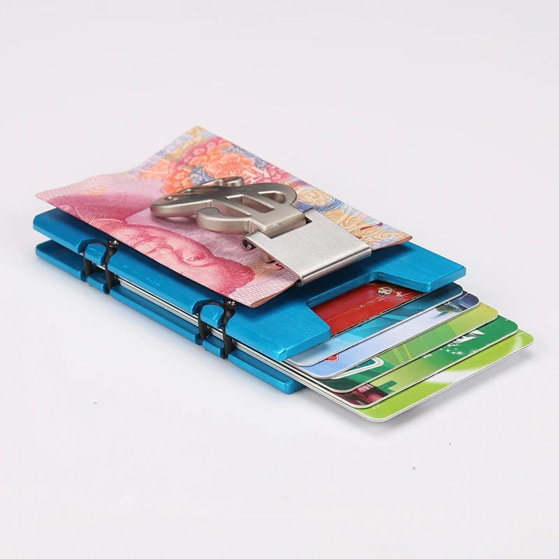 QOONG RFID Travel Card Wallet Men Women Business ID Credit Card Holder Fashion Brand Metal Aluminum Card Case with Bill Clip images - 6