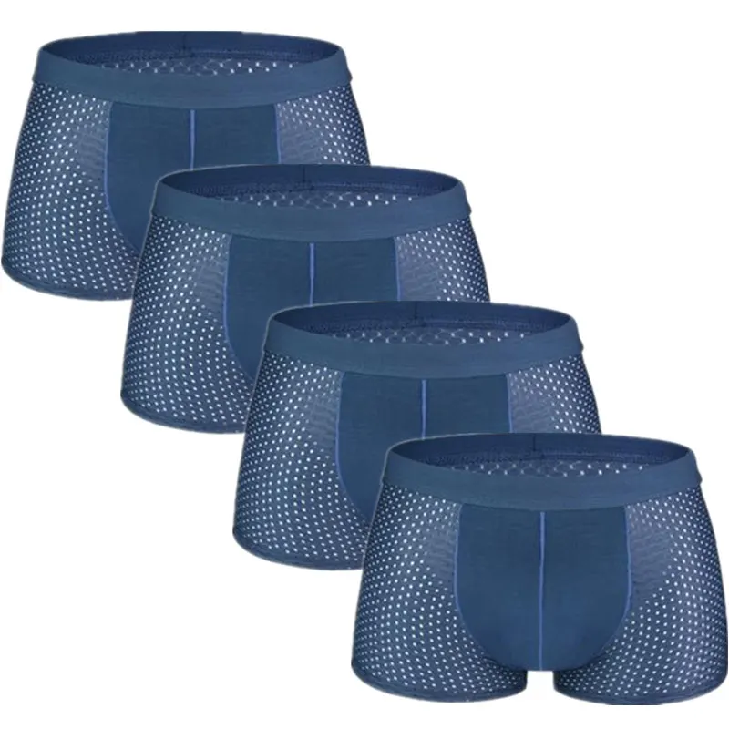 4blue 4 шт./лот, сетчатые боксеры, шорты, мужское нижнее белье, боксеры, Homme, сексуальные прозрачные мужские трусы, бамбуковое волокно, Трусы из шелка, размер L-7XL - Цвет: 4blue