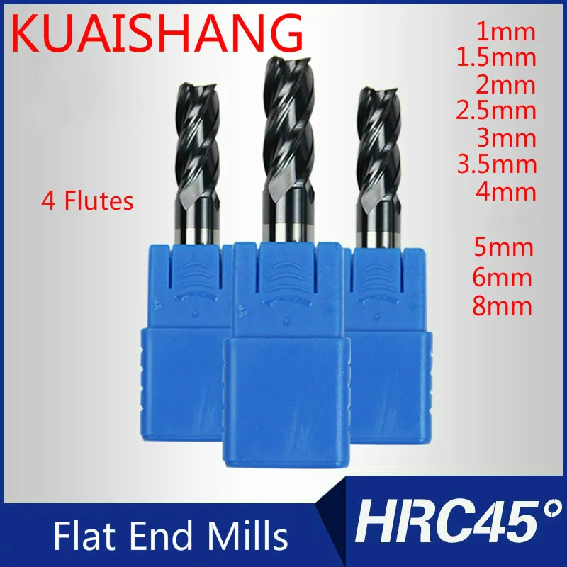 KUAISHANG 4 flutes 1mm 2mm 3mm 4mm~8mm Solid Carbide End Mills CNC Milling Cutter HRC45 Tungsten Steel Router Bits | Инструменты