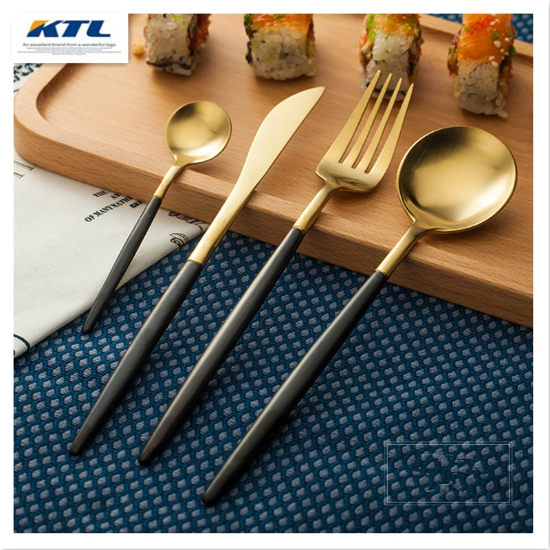 

KTL 4 Pcs/lot Black/Golden Dinnerware Set Top Quality Stainless Steel Dinner Knife and Fork Teaspoon Cutlery Set