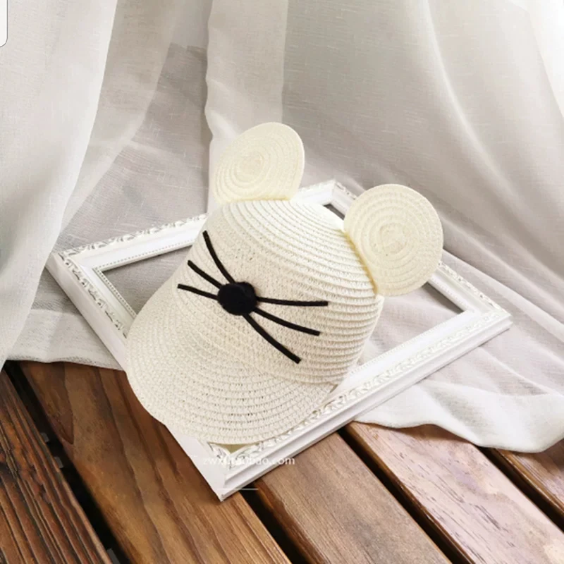 new Summer big ears baby cats hat cute children sunscreen shade sun hat Bucket cap Cartoon image straw hat girl Breathable - Цвет: 2