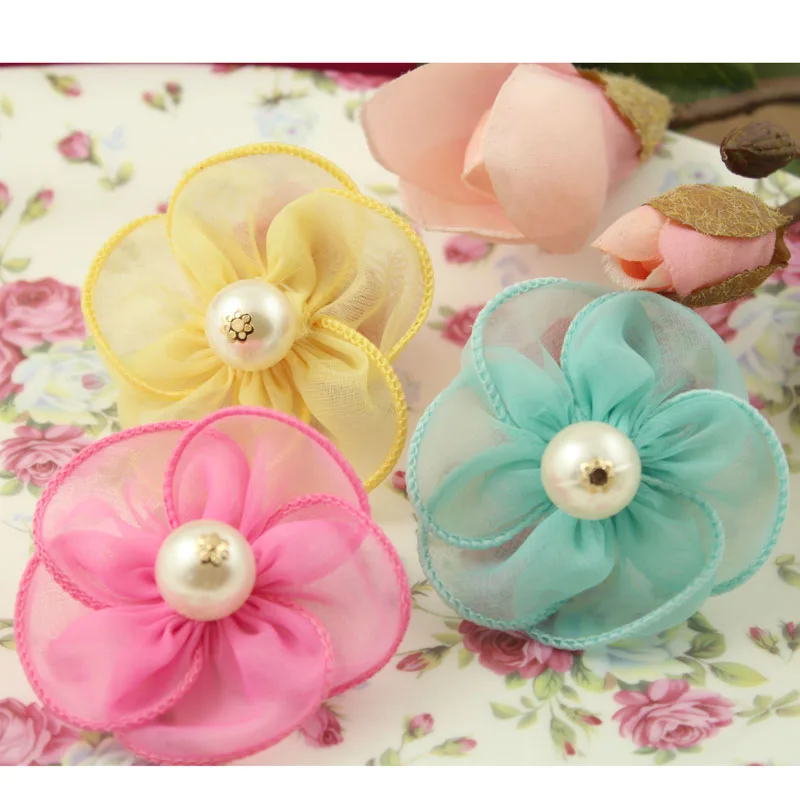

Dog hair accessories handmade pearl Chiffon Korean pet headdress flower wholesale 40pcs