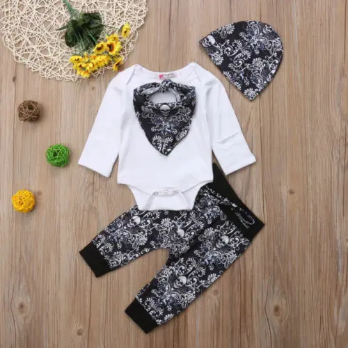 Newborn Baby Boys Girls Clothing Tops Romper Skull Flower Long Sleeve Pants Hat Bibs Scarf 4pcs Set Clothes Boy 0-24M |