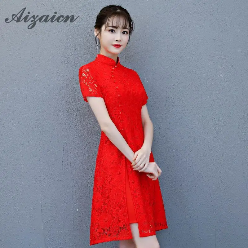 Современные китайское традиционное платье красные свадебные Qipao леди короткие
