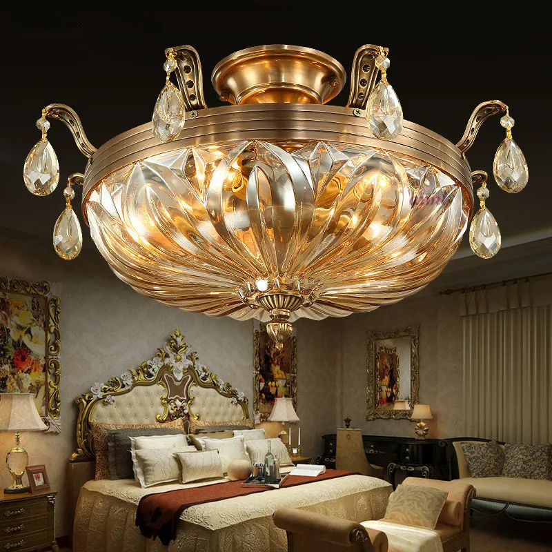 

Потолочный светодиодный светильник в Европейском стиле, полностью медный, прозрачный светильник, французская круглая лампа для спальни.