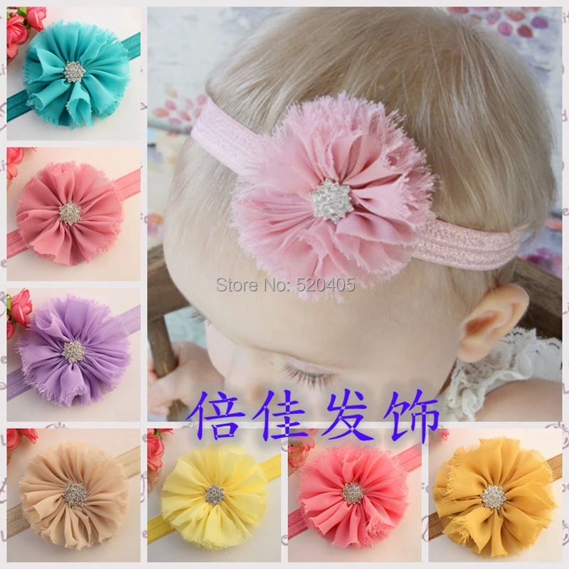 

Baby time sale Fashion Chiffon Shabby Flowers with Rhinestone center baby headbands Solid Hairy flowers Wholesale 24PCS