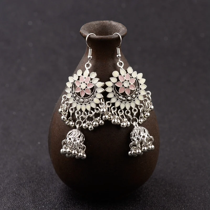 2020 индийские цыганские синие серьги Jhumka с цветком для женщин античные серебряные