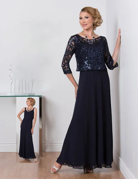 Navy Blue Платья для матери невесты, кружевной топ с блестками, 2 предмета, темно-синего цвета, длинное шифоновое платье для матери жениха, длинное женское свадебное платье - Цвет: Navy Blue