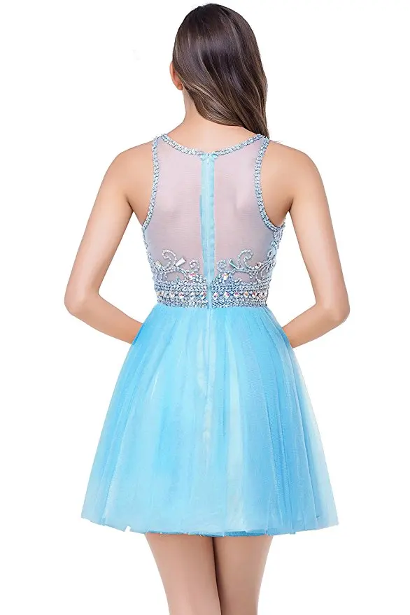Vestido Curto реальное изображение дешевые бисером Тюль Короткие розовые синие